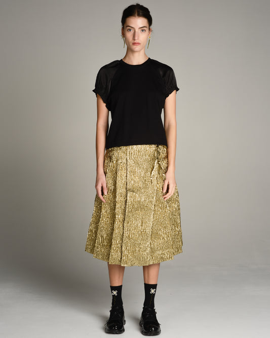 Black Satin Patchwork Puff Sleeve T-Shirt