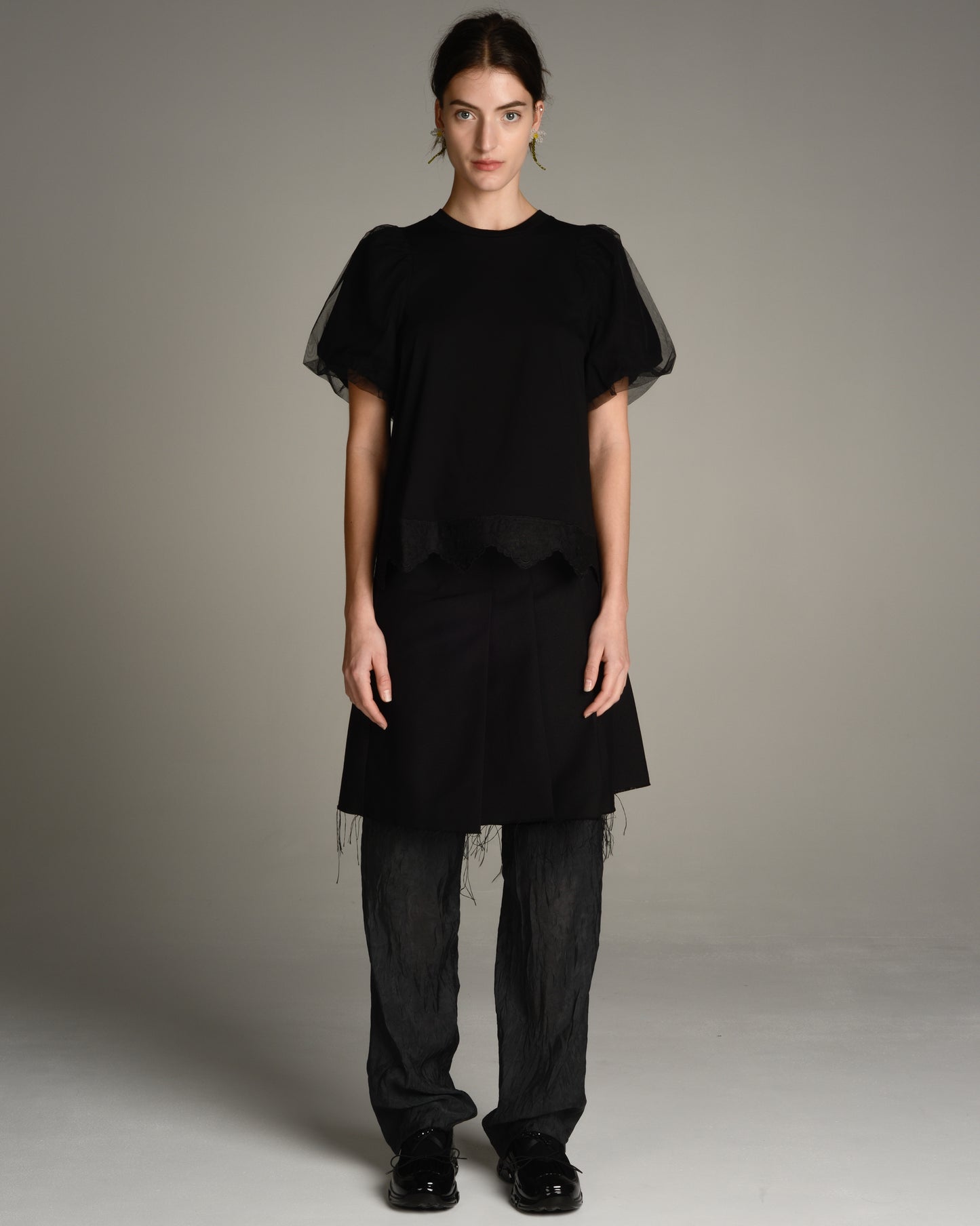 Black Puff Sleeve Lace Trim Top