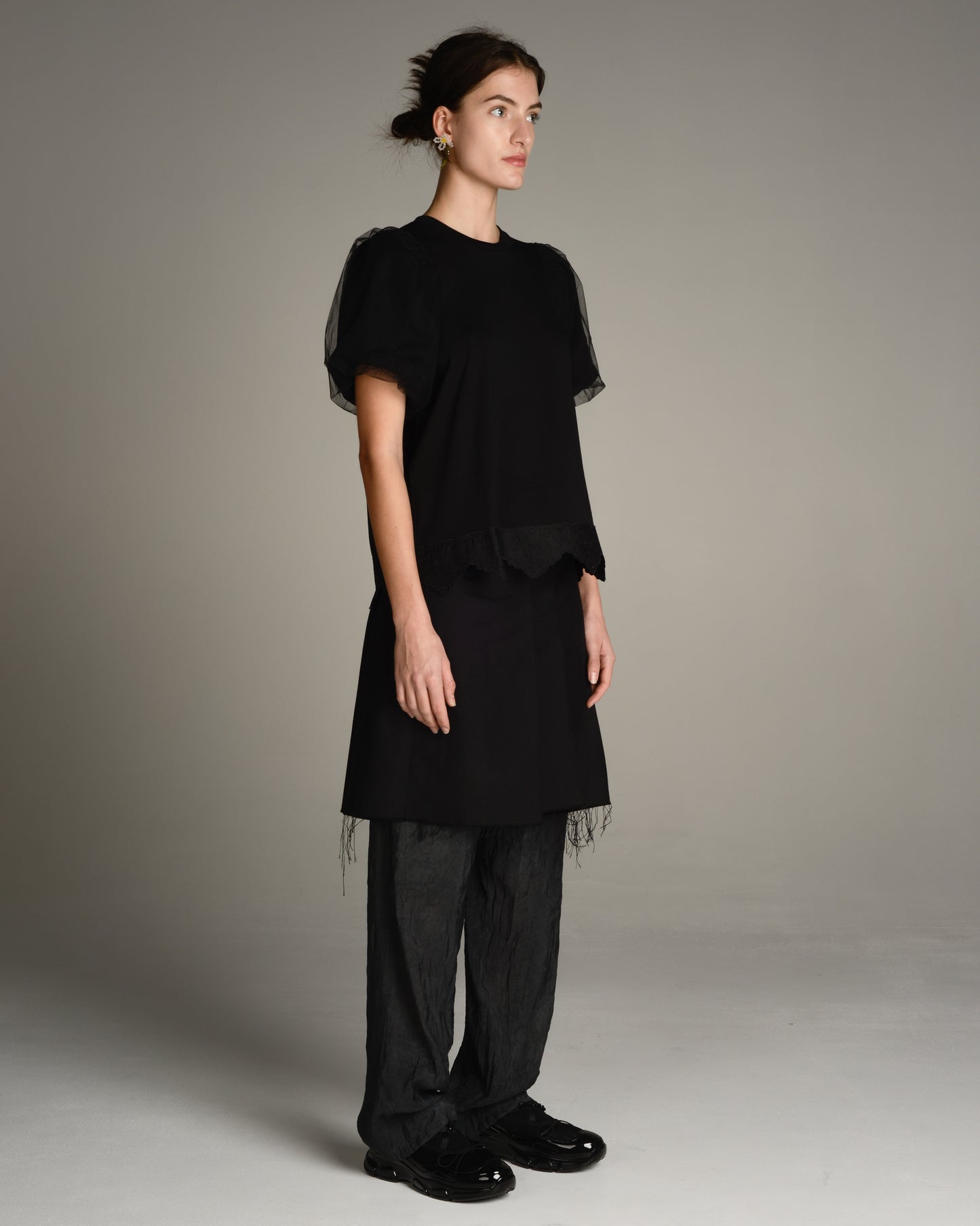 Black Puff Sleeve Lace Trim Top