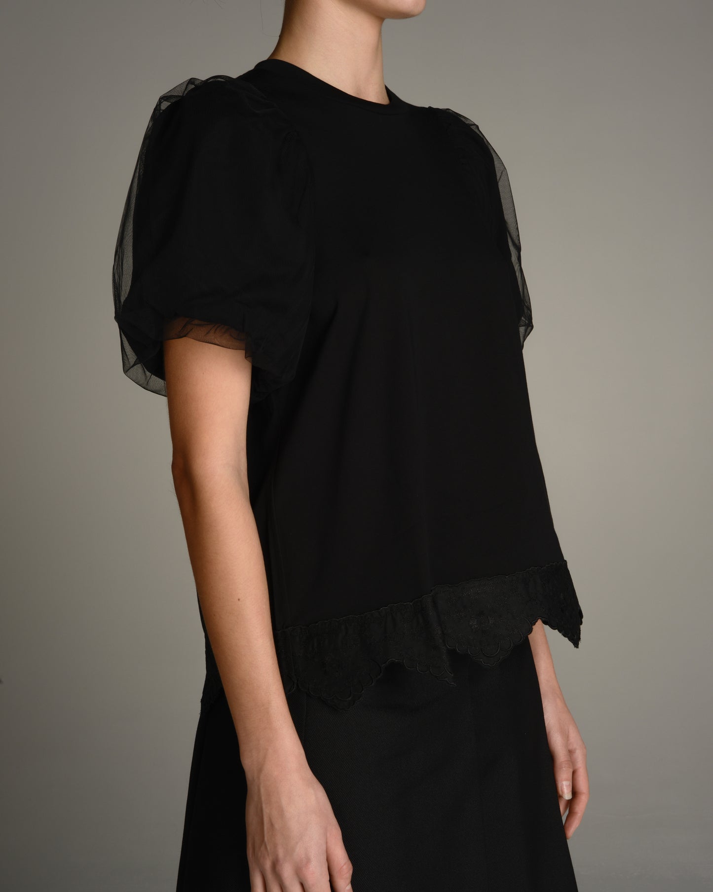 Black Puff Sleeve Lace Trim Top