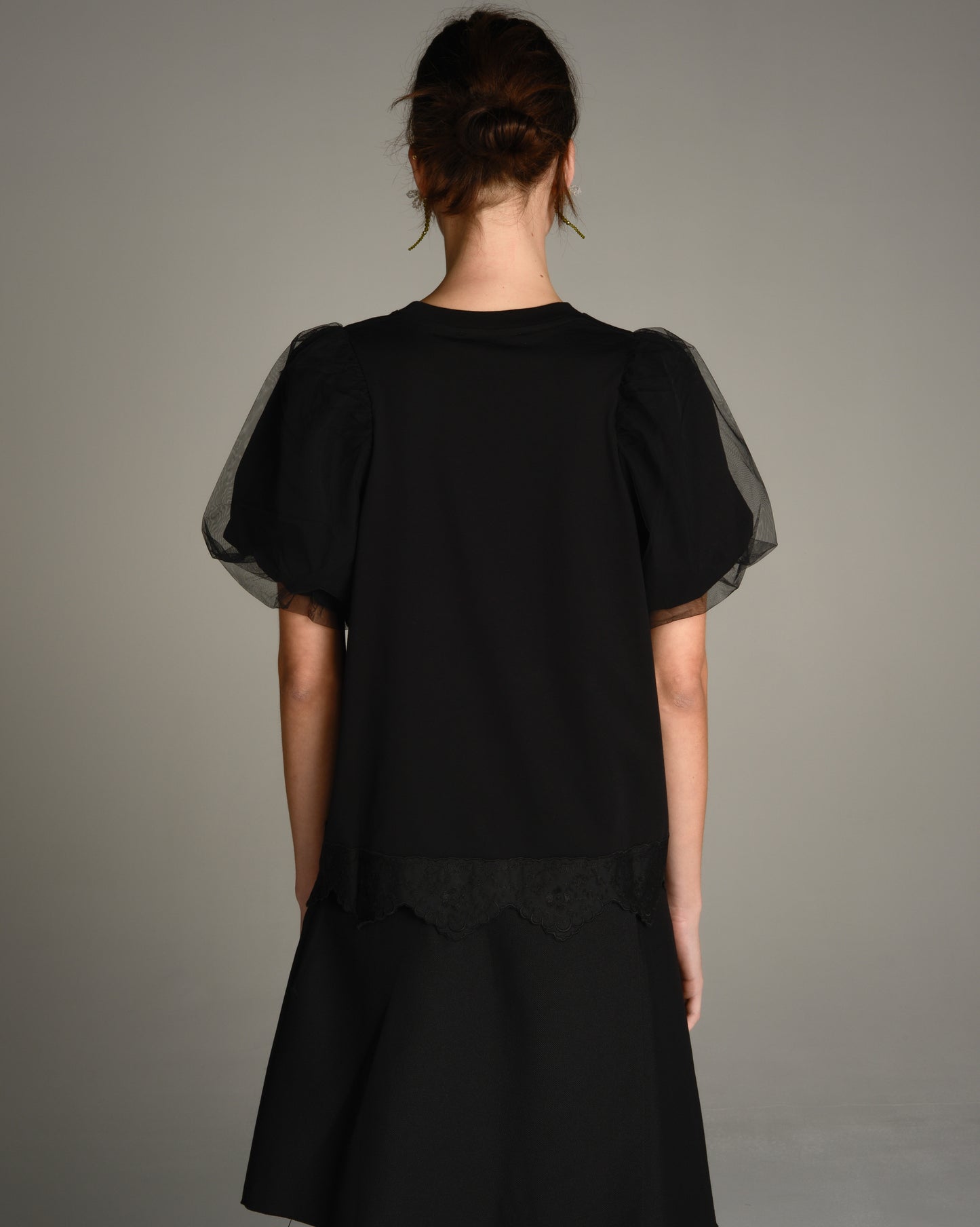 Black Puff Sleeve Lace Trim Top