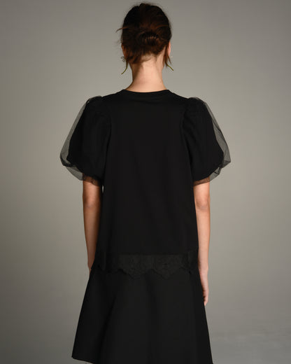 Black Puff Sleeve Lace Trim Top