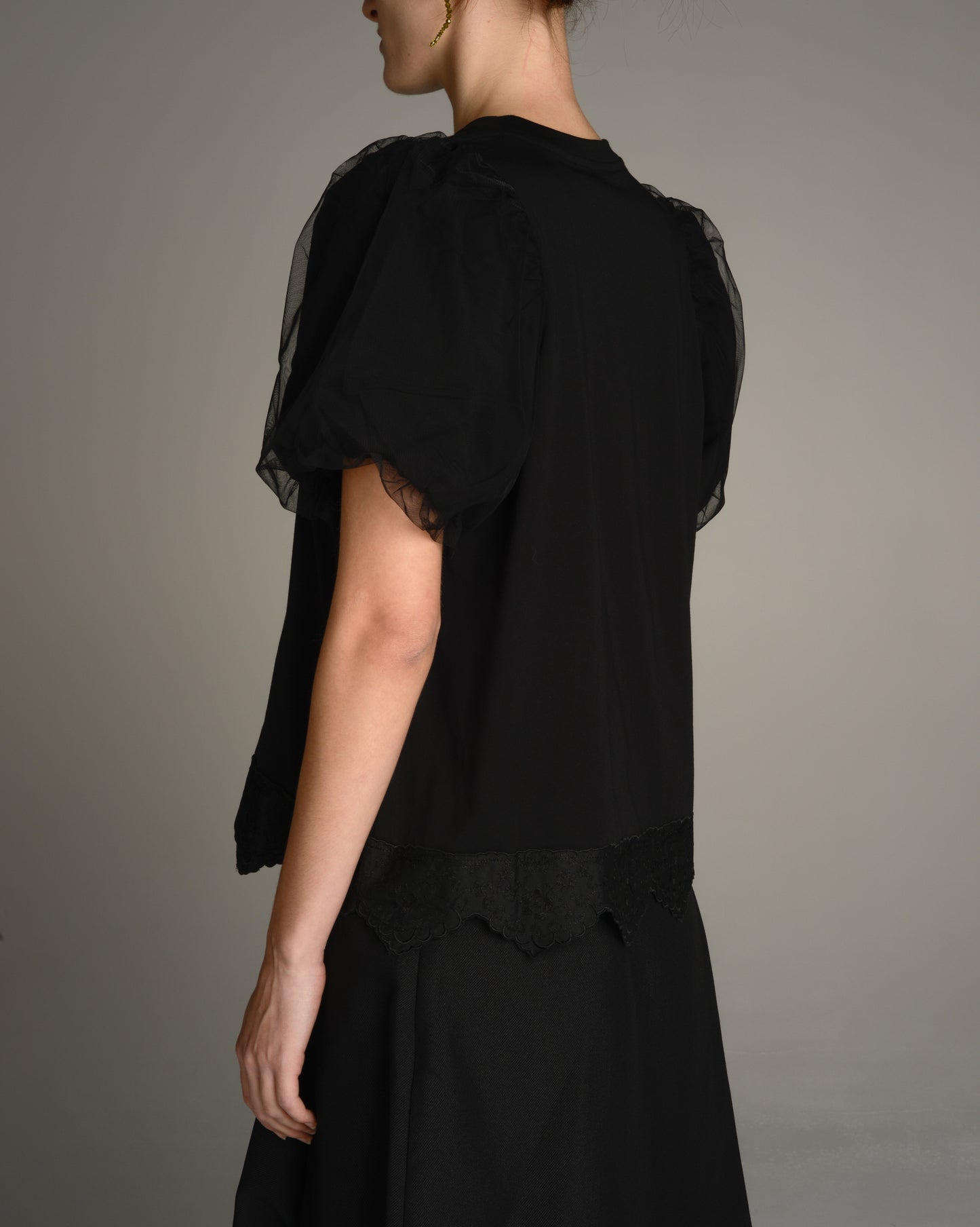 Black Puff Sleeve Lace Trim Top