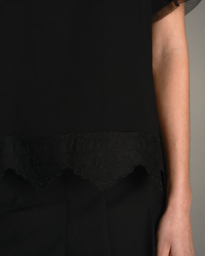 Black Puff Sleeve Lace Trim Top