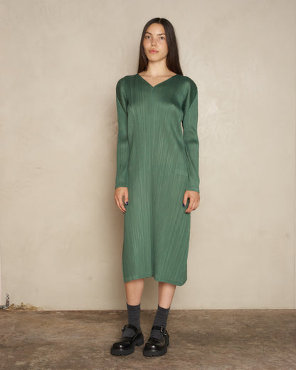 Moss Green Long Sleeve Pleats Dress