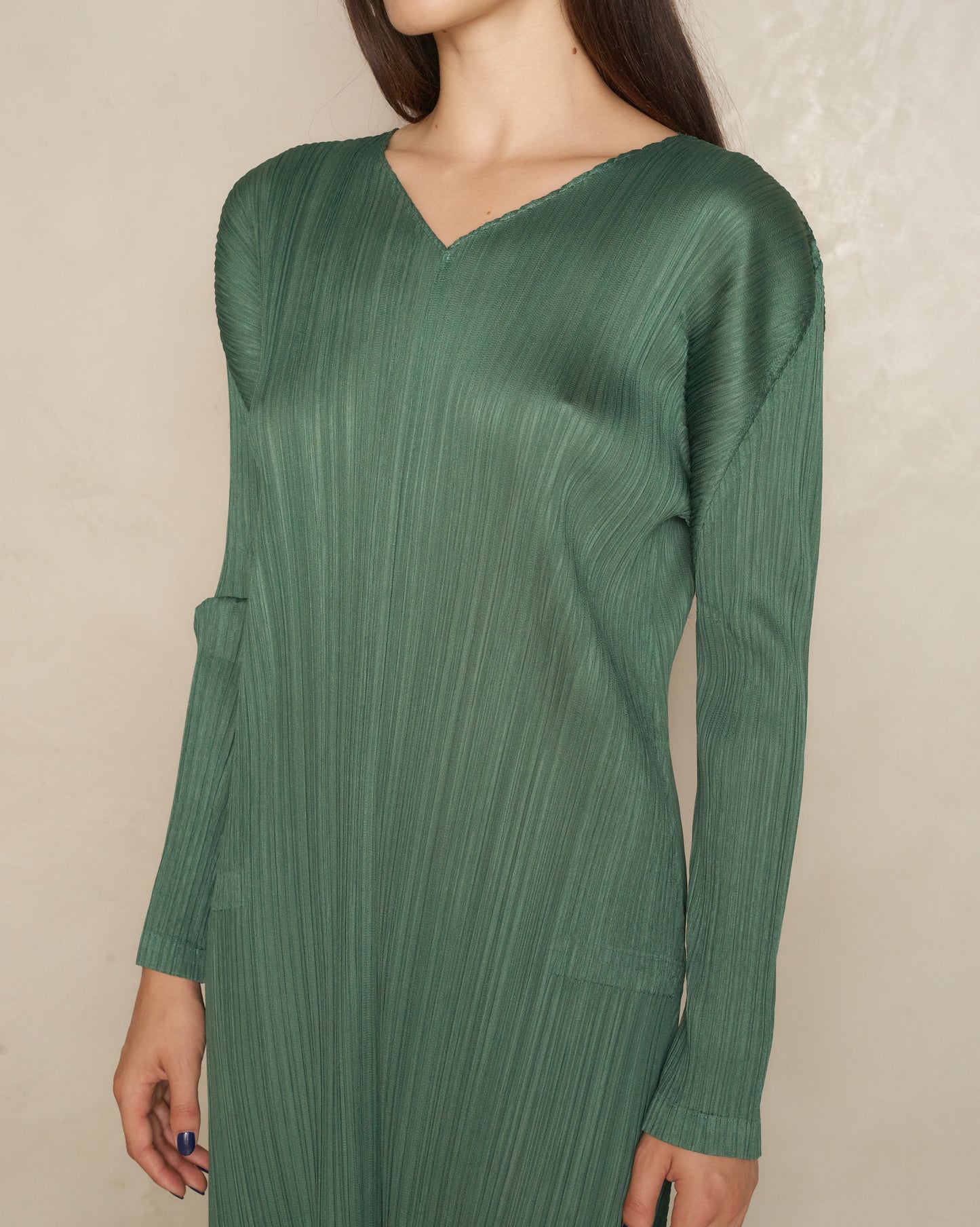 Moss Green Long Sleeve Pleats Dress