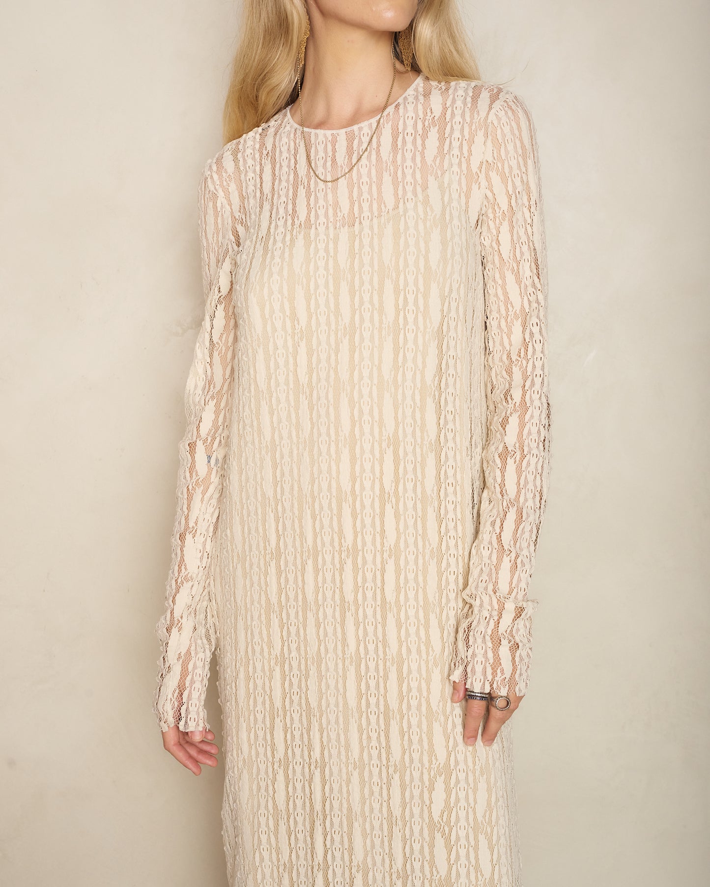 Off White Lace Long Sleeve Dress