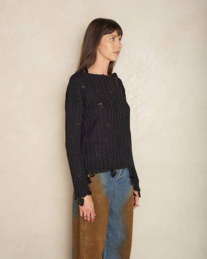 Black Distressed Bow Sweater