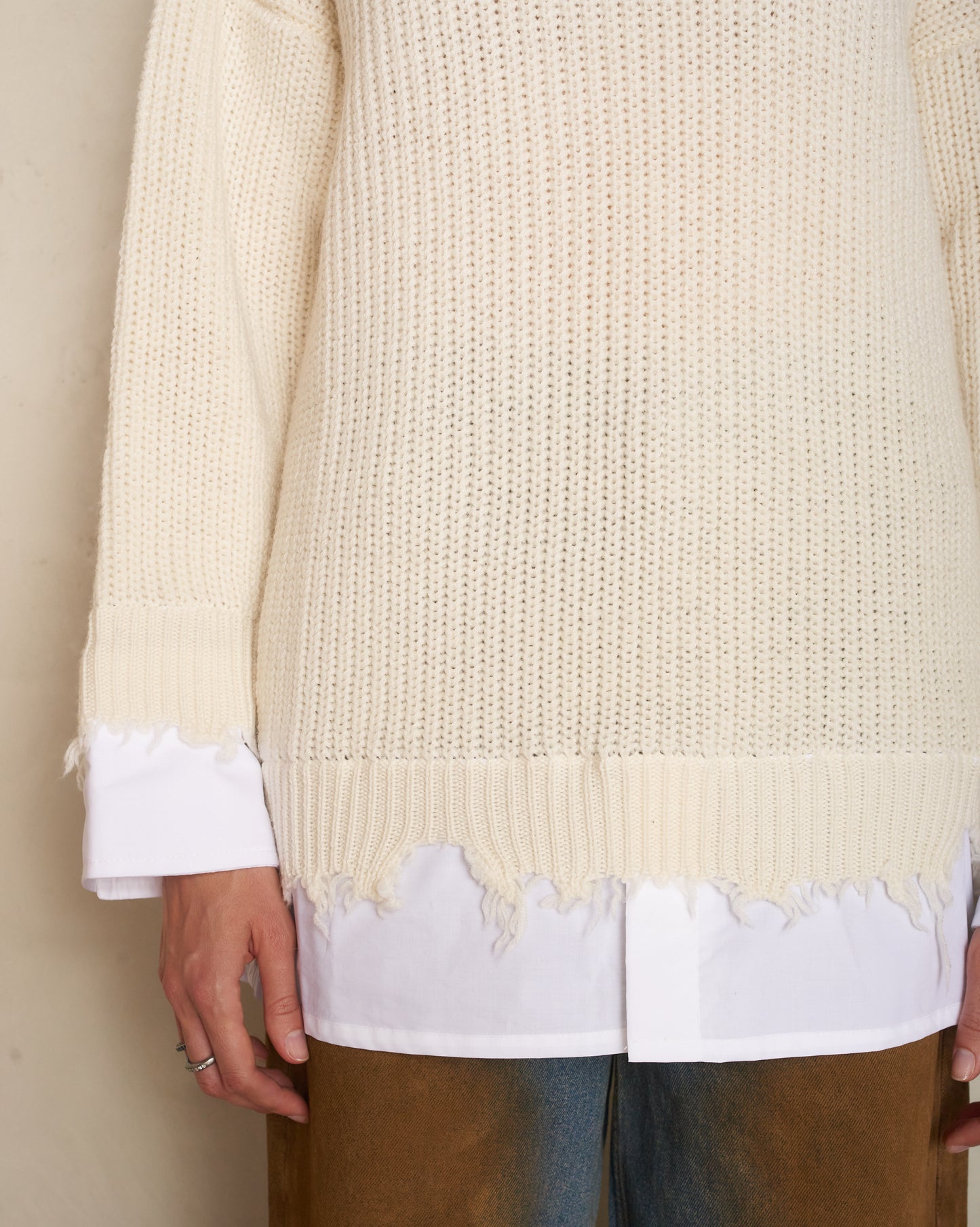 Cream Frayed Hem Knit Sweater