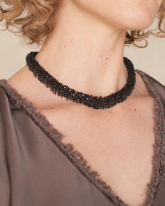 Black Glass Bead Frayed Chain Necklace