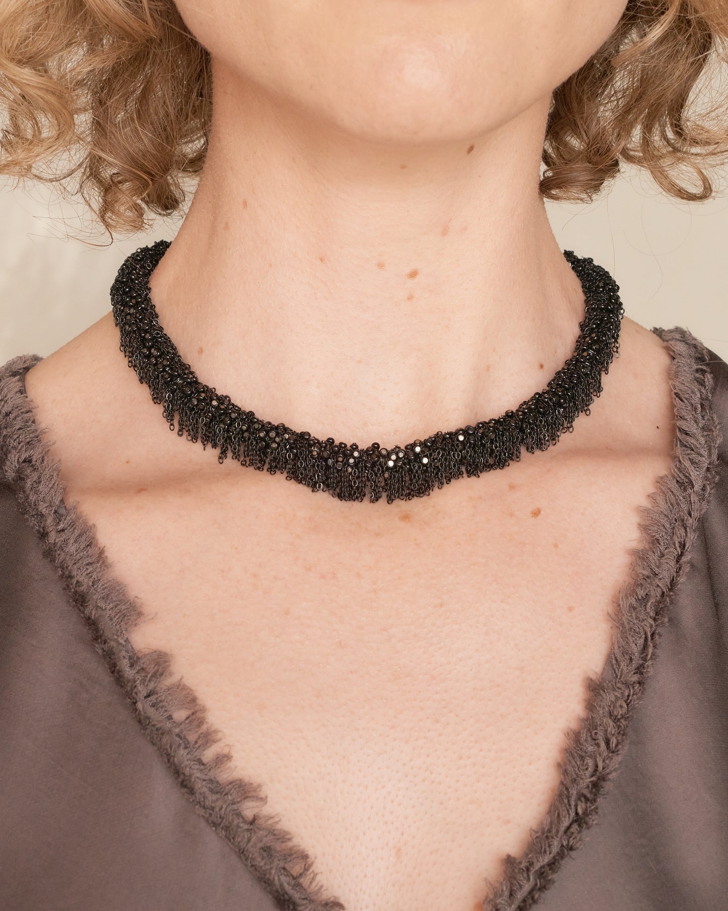 Black Glass Bead Frayed Chain Necklace