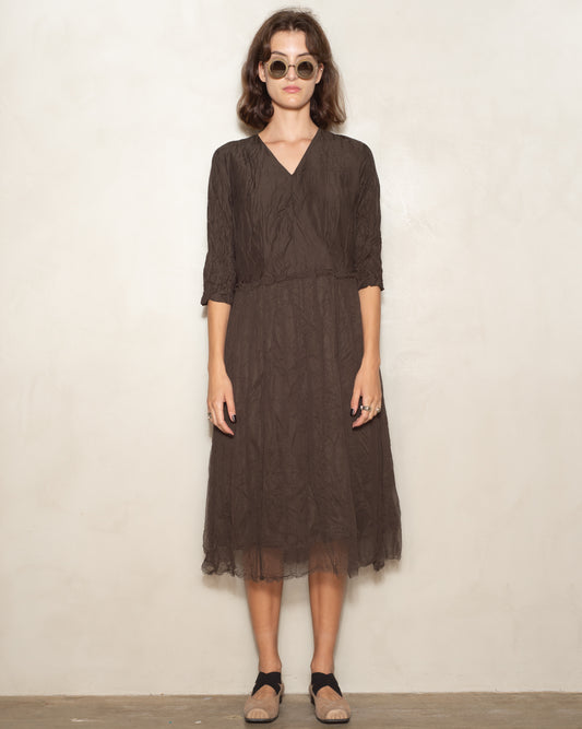 Brown Cupro V Neck Dress