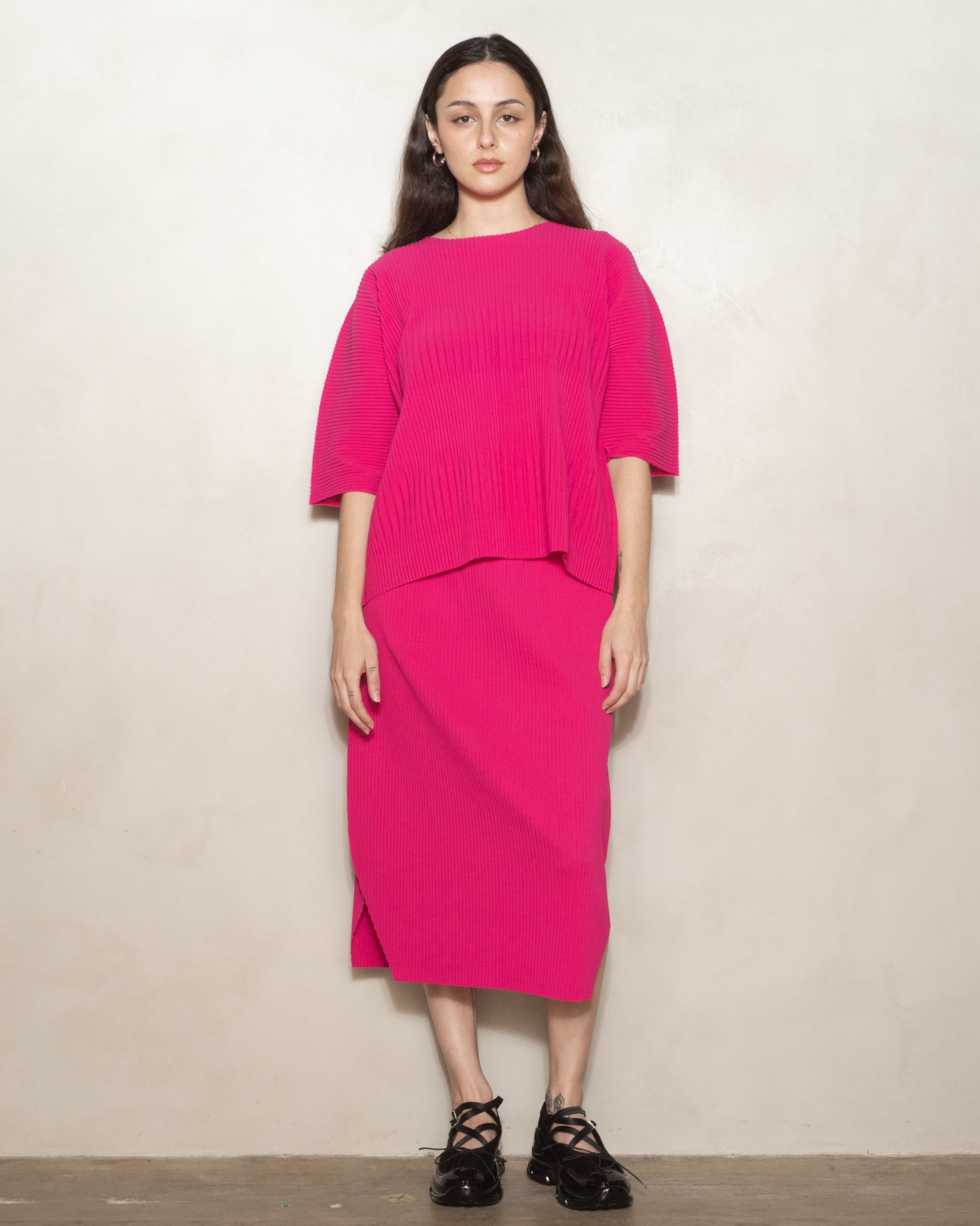 Raspberry Stripe Pleat T-Shirt