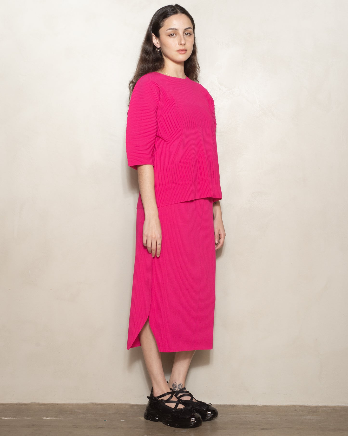 Raspberry Stripe Pleat T-Shirt