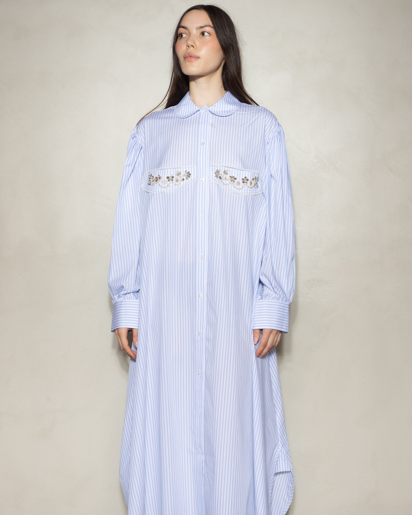 Blue Long Sleeve Embellished Shirt Dress