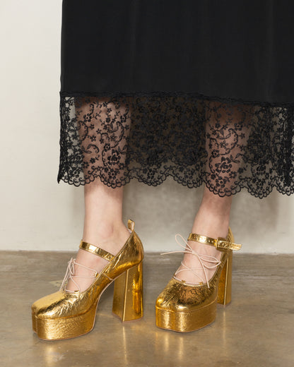 Gold Heart Toe Lace Up Ballerina Heels