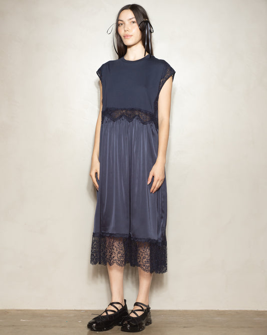 Navy Sleeveless Satin Patchwork T-Shirt Dress