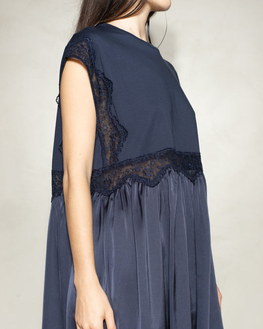 Navy Sleeveless Satin Patchwork T-Shirt Dress
