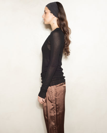 Black Silk Rib Long Sleeve Top