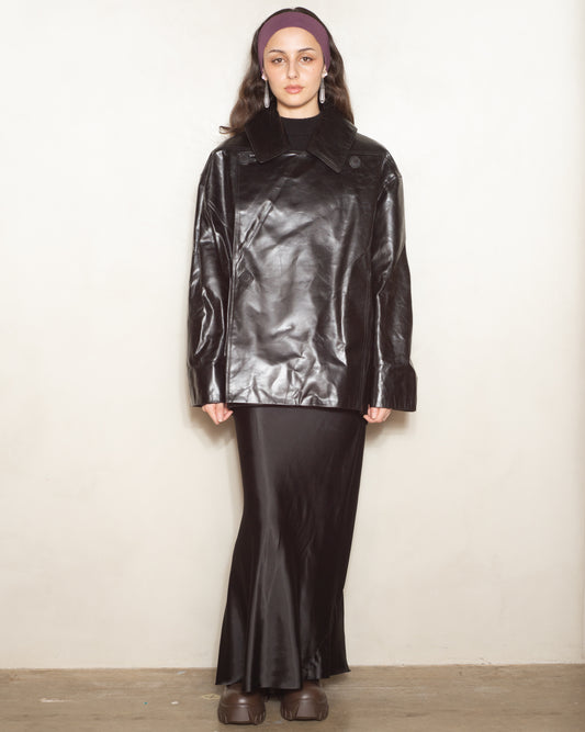 Black Cropped Leather Drella Jacket