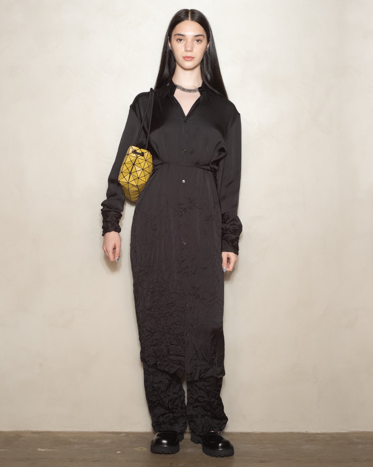 Black Long Sleeve Crinkle Midi Dress