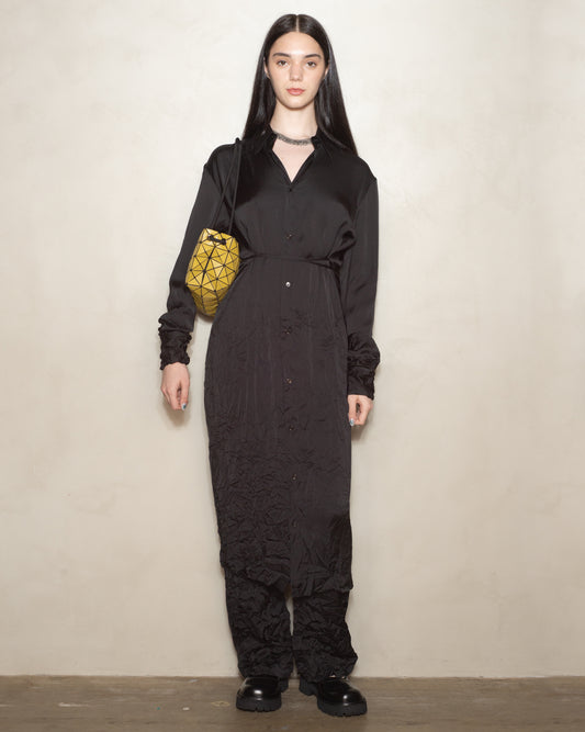 Black Long Sleeve Crinkle Midi Dress
