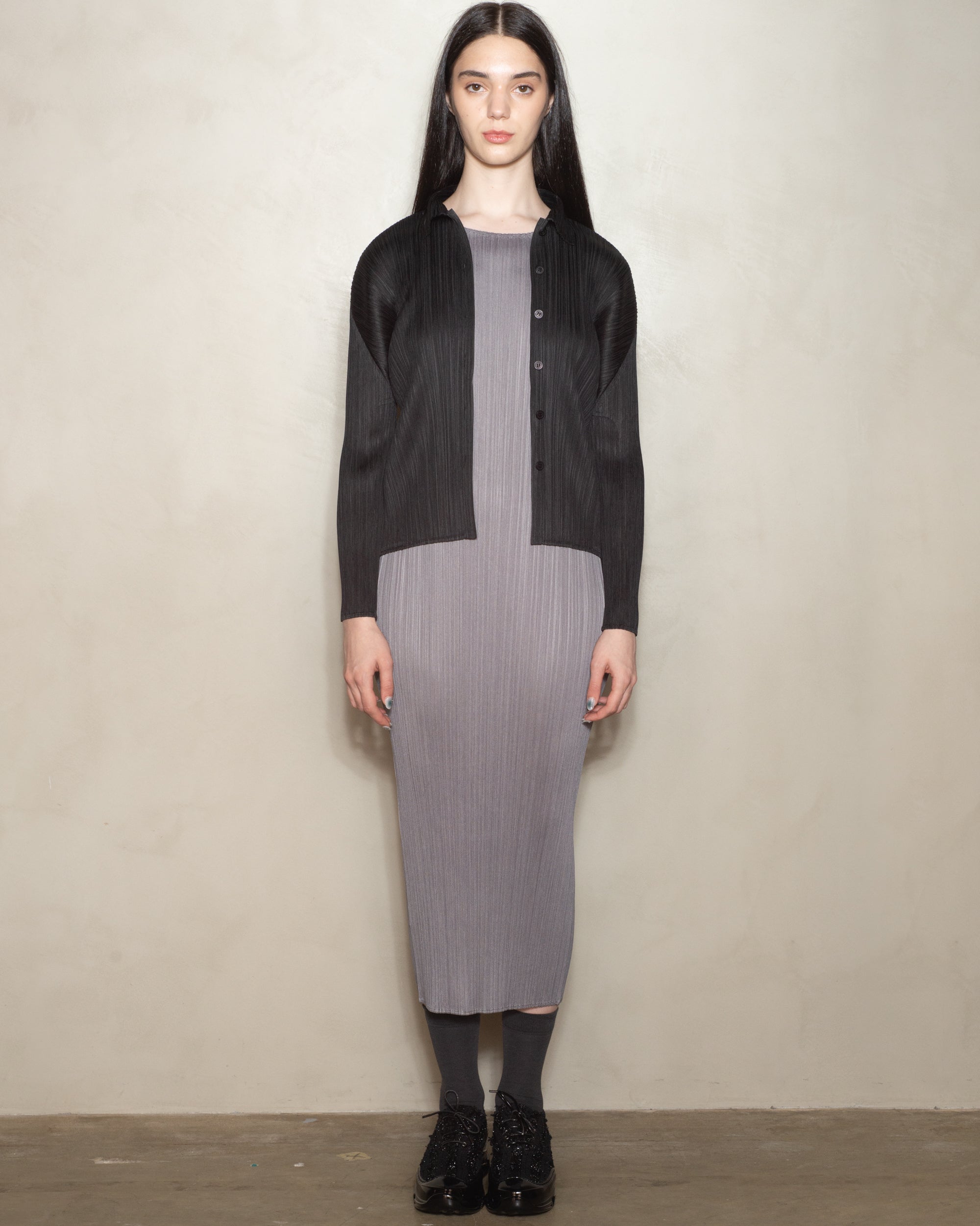 Pleats Please Black Classic Collar Button Up Top pp38jj105 Pleats Please Black Classic Collar Button Up Top pp38jj105