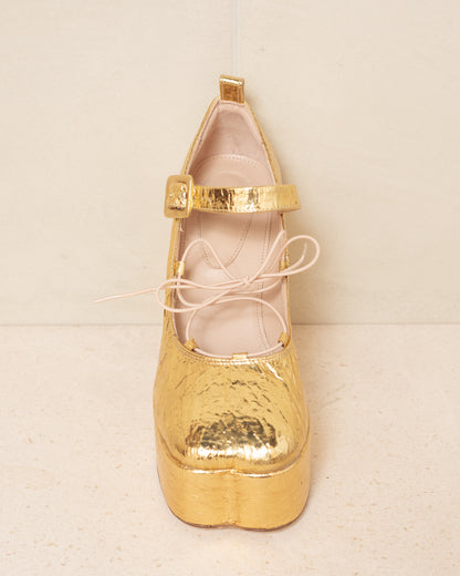 Gold Heart Toe Lace Up Ballerina Heels