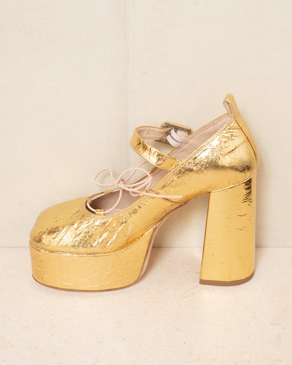 Gold Heart Toe Lace Up Ballerina Heels