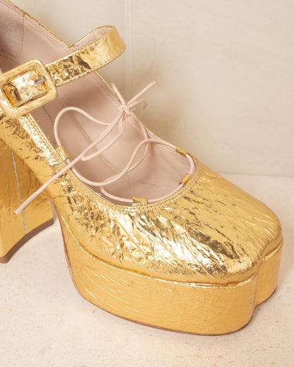 Gold Heart Toe Lace Up Ballerina Heels
