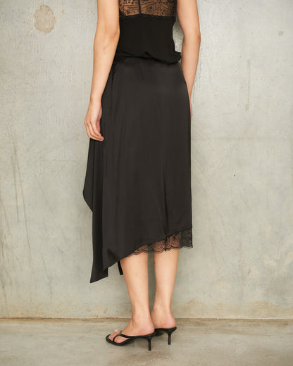 Black Satin Lace Draped Skirt