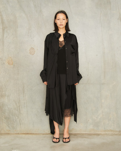 Black Satin Layered Scarf Blouse