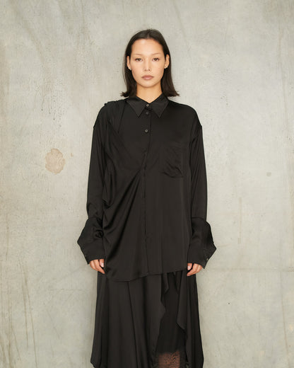 Black Satin Layered Scarf Blouse