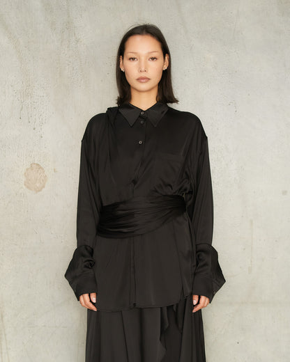 Black Satin Layered Scarf Blouse
