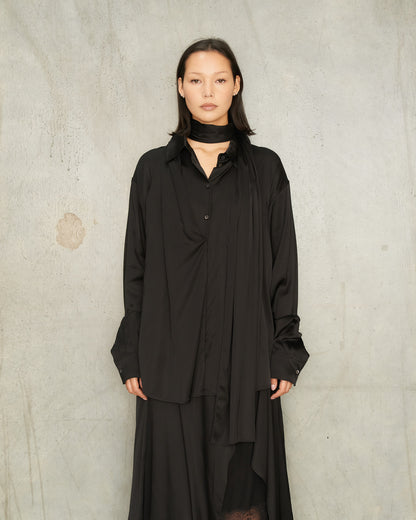 Black Satin Layered Scarf Blouse