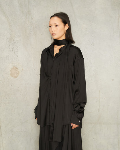 Black Satin Layered Scarf Blouse