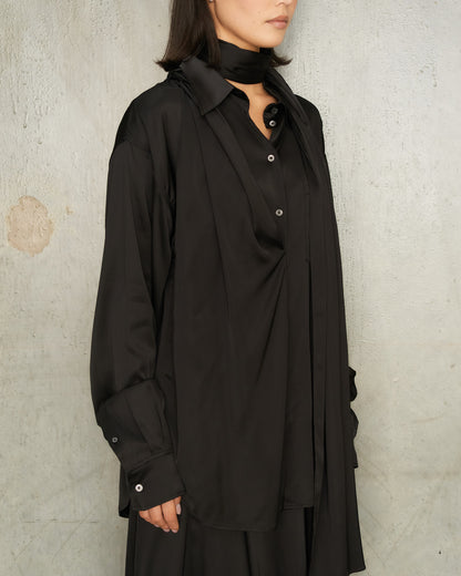 Black Satin Layered Scarf Blouse