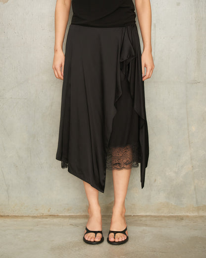 Black Satin Lace Draped Skirt