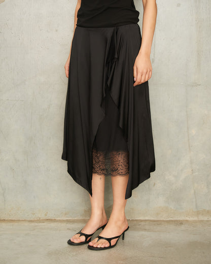 Black Satin Lace Draped Skirt