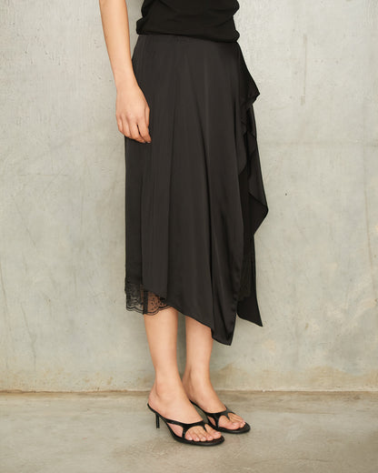 Black Satin Lace Draped Skirt