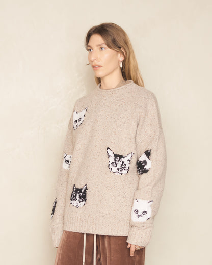 Beige Printed Cat Knit Sweater