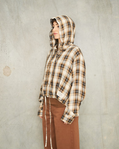 Beige Check Hooded Over Shirt