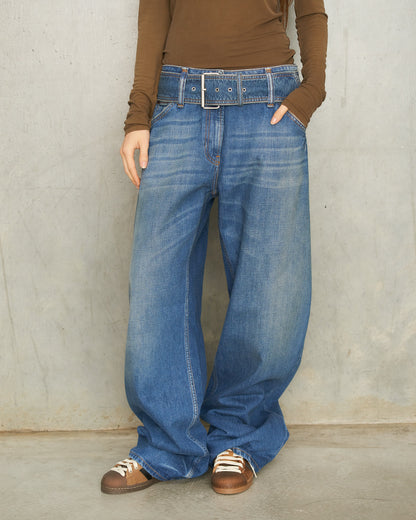 Mid Blue Belted Denim Jeans