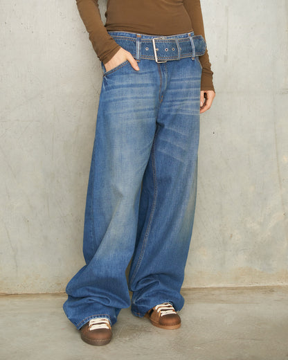 Mid Blue Belted Denim Jeans