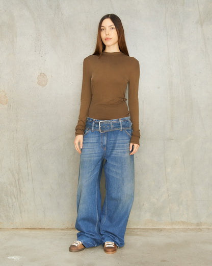 Mid Blue Belted Denim Jeans