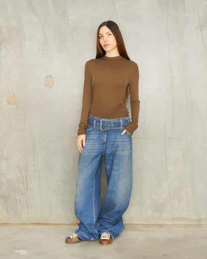Mid Blue Belted Denim Jeans