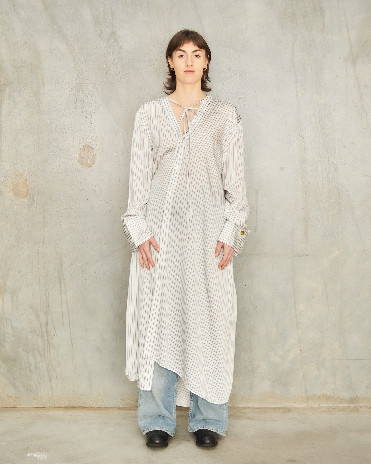 acne asymmetric dress Studios Blue Stripe Shirt Blue A20828 74% nylon/26% elastane Custom Fit A-line Off-the-Shoulder Basque-Waist Fall Color:White-DB601