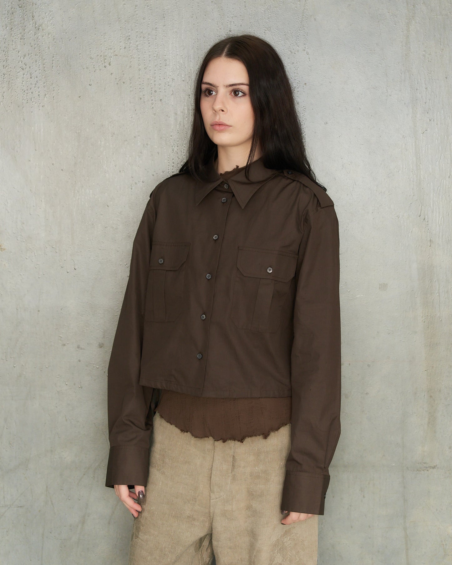 Cacao Brown Cropped Utility Shirt