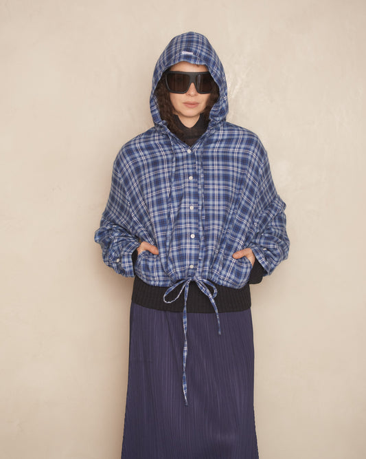 Dusty Blue Flannel Check Hooded Jacket