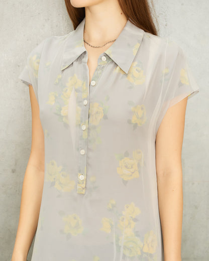 Grey Yellow Floral Shirt Dress